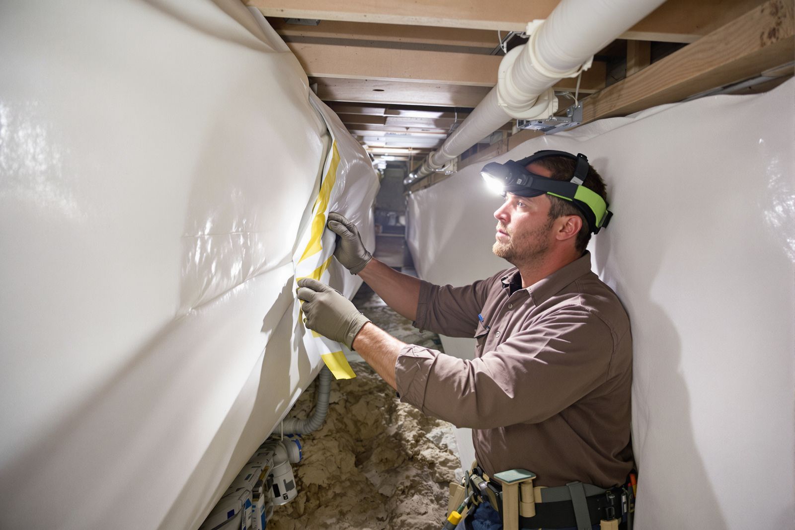 Technician installing a radon mitigation system pipe in a home basement.